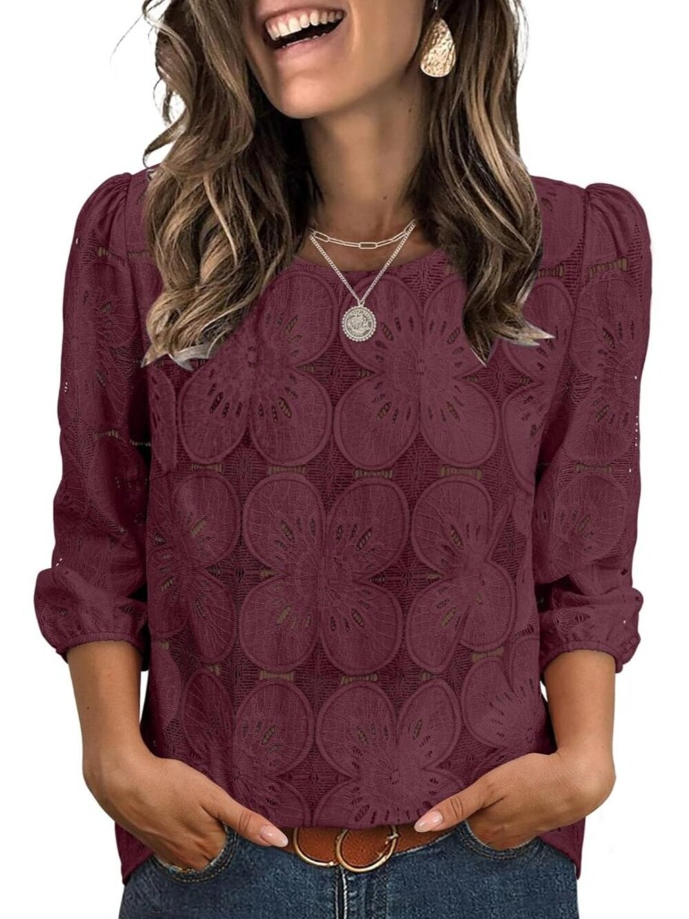 Women's Blouse Red Dressy Casual Long Sleeve Tops Eyelet Lace Summer Shirt
